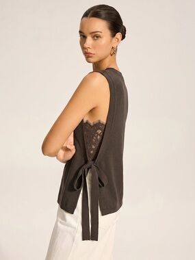 Commense Side Tie Lace Panel Knit Sleeveless Vest L nwt